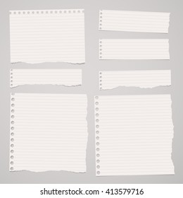 Pieces of ripped white lined notebook paper are stuck on light brown background.