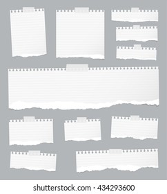 Pieces of ripped white lined notebook paper are stuck on gray background.