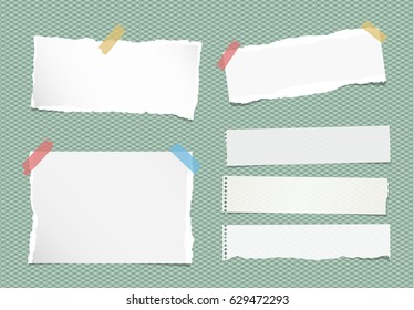 Pieces of ripped white note, notebook, copybook paper sheets stuck with colorful sticky tape on squared green background