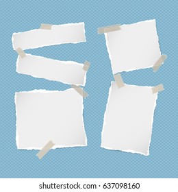 Pieces of ripped white note, notebook, copybook paper strips stuck with sticky tape on squared blue background.