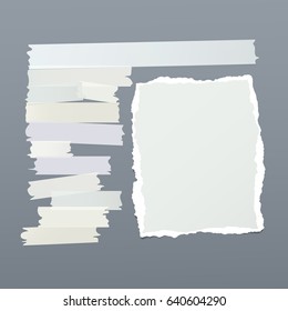 Pieces of ripped white note, notebook, copybook paper strips stuck with sticky tape on squared blue background.