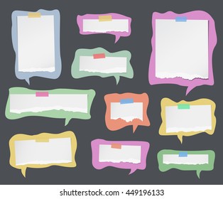 Pieces of ripped white note paper are on colorful speech bubbles