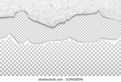 Pieces of ripped white realistic and squared paper strips with torn edges and soft shadow for text are on squared background. Vector illustration