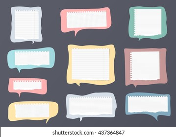 Pieces of ripped white ruled notebook paper are on colorful speech bubbles