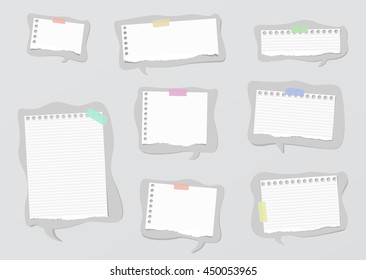 Pieces of ripped white ruled notebook paper are on gray speech bubbles