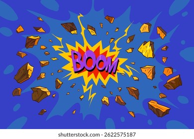 Pedaços de rocha voaram separados da explosão. Ilustração do vetor de arte de quadrinhos de Boom. 