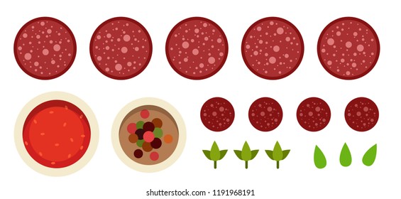 Pieces of salami, spices, tomato sauce and oregano vector flat material design isolated on white