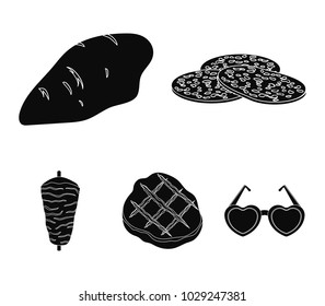 Pieces of salami, turkey fillet, grilled steak, kebab.Meat set collection icons in black style vector symbol stock illustration web.