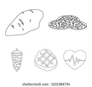 Pieces of salami, turkey fillet, grilled steak, kebab.Meat set collection icons in outline style vector symbol stock illustration web.