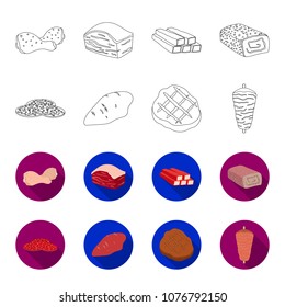 Pieces of salami, turkey fillet, grilled steak, kebab.Meat set collection icons in outline,style vector symbol stock illustration web.