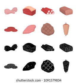Pieces of salami, turkey fillet, grilled steak, kebab.Meat set collection icons in black,cartoon style vector symbol stock illustration web.
