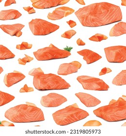 Pieces of salmon steaks vector graphics realistic food pattern background