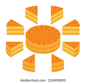 Pieces of shortbread dough cake. The whole cake and its parts. Isometric view.