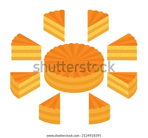 Pieces of shortbread dough cake. The whole cake and\
its parts. Isometric\
view.