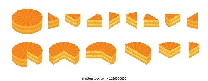 Pieces of shortbread dough pie. The whole cake and its parts. Isometric view.