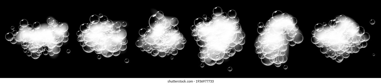 Pieces of soap foam with bubbles isolated on black background. Sparkling shampoo and bath lather vector illustration.