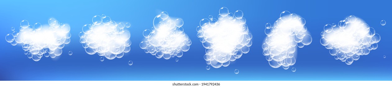 Pieces of soap foam with bubbles isolated on blue background. Sparkling shampoo and bath lather vector illustration.