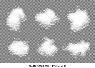 Pieces of soap foam with bubbles isolated on checkered transparent background. Sparkling shampoo and bath lather vector illustration.