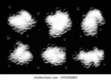 Pieces of soap foam with bubbles isolated on black background. Sparkling shampoo and bath lather vector illustration.