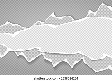 Pieces of stacked torn, white and grey realistic horizontal paper strips with soft shadow are on dark squared background. Vector illustration