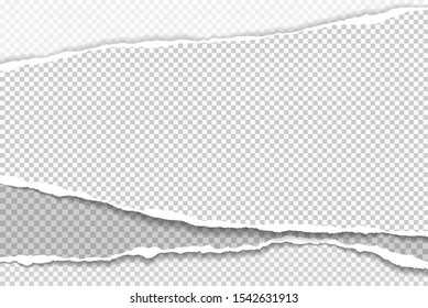 Pieces of stacked torn, white and grey realistic horizontal paper strips with soft shadow are on squared background. Vector illustration