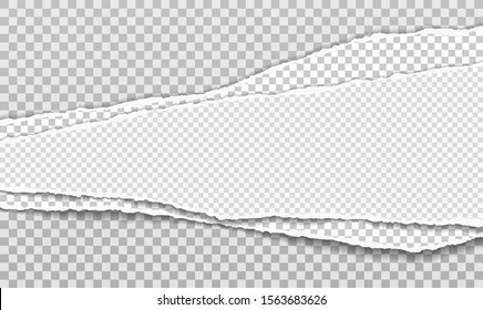 Pieces of stacked torn, white and grey realistic horizontal paper strips with soft shadow are on squared background. Vector illustration
