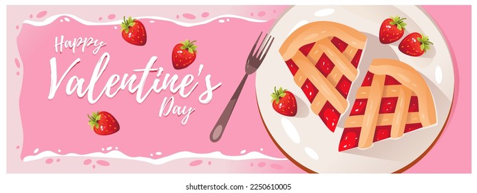 Pieces of strawberry pie in the shape of a heart. Sweet dessert for Valentine's day. Template for a web banner, postcard, post in a social network.