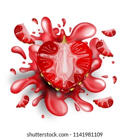 Pieces of strawberry splash on white background.
