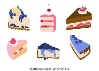 Pieces of tasty cakes with blueberries, strawberries and cherry in flat style. Vector flat birthday illustrations isolated on white background. Good for decoration, stickers and logo