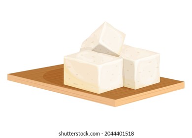 Trozos de tofu de queso curdo de soja en una tabla de madera, un escritorio de corte en un estilo de dibujos animados aislado de fondo blanco. Proteína vegetariana, alimento nutricional, ingrediente.