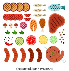 trozos de tomates, berenjenas, setas, cebollas, zucchini, salchichas, filete, pescado frito en un diseño de materia plana vectorial parrilla aislado en blanco