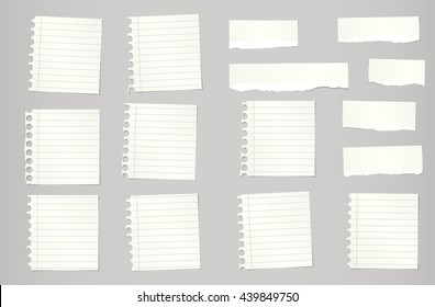 Pieces of torn beige ruled notebook paper are stuck on gray background