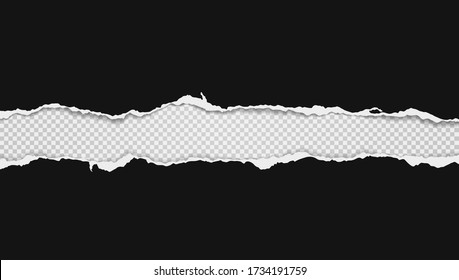 Pieces of torn black horizontal paper with soft shadow stuck on white squared background. Vector illustration