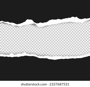 Pieces of torn black horizontal paper with soft shadow stuck on white squared background. Vector illustration