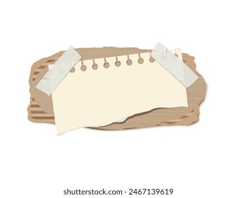 Pieces of torn cardboard, notepad sheet attached with sticky tape vector illustration. Realistic ripped paper fragments stack, craft paper or carton. Empty notice board collage design