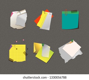 Pieces of torn checkered and color paper sheets attached with sticky tape isolated vector illustrations set. Notebook, copybook pages used as stickers on adhesive tape,  buttons and needles