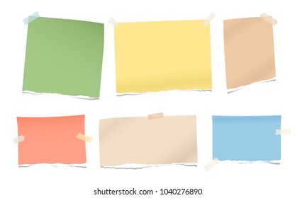 Pieces of torn colorful blank note, notebook paper for text stuck with sticky tape on white background.
