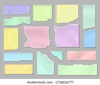 Pieces of torn colorful blank paper, Ripped page note sheets. Blank paper stickers for memo and messages set.