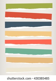 Pieces of torn colorful blank paper are stuck on striped background.