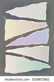 Pieces of torn colorful note, notebook paper strips for text stuck with adhesive tape