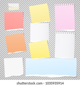 Pieces of torn colorful note, notebook paper strips for text stuck on gray squared background. Vector illustration.