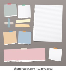 Pieces of torn colorful note, notebook paper strips for text stuck with adhesive tape on brown background. Vector illustration.