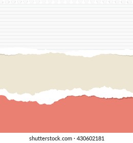 Pieces Of Torn Colorful And Ruled White Paper Sheet Are Stuck On Gray Background.