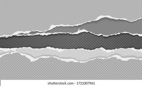 Pieces of torn grey squared paper with soft shadow stuck on black background. Vector illustration