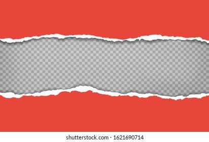 Pieces of torn horizontal bright red paper pieces with soft shadow are on grey squared background for text. Vector illustration