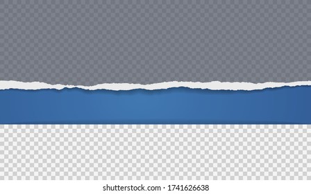 Pieces of torn, horizontal grey and white squared paper with soft shadow are on blue background for text. Vector illustration