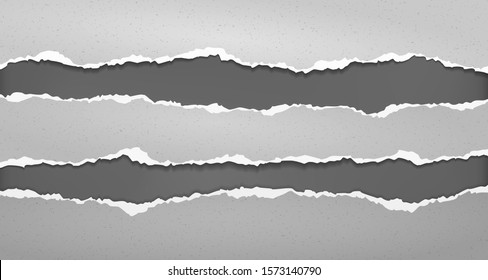 Pieces of torn horizontal white, grey grainy paper with soft shadow are on black background for text. Vector illustration