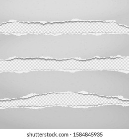 Pieces of torn horizontal white, grey grainy paper with soft shadow are on squared background for text. Vector illustration.
