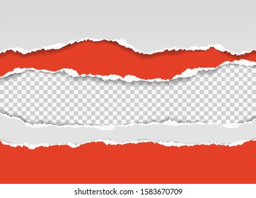 Pieces of torn horizontal white red paper with soft shadow are on squared background for text. Vector illustration