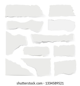 Pieces of torn paper in realistic style. White blank sheets, used and worn document parts, empty letter. Vector illustration